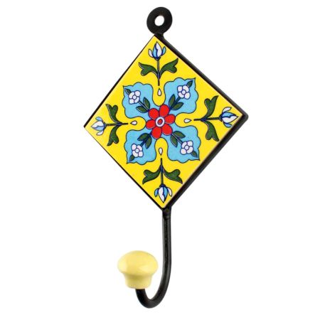 Turquoise Floral Ceramic Tile Hook